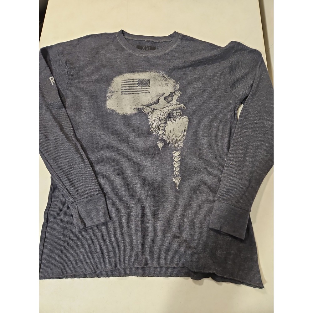 American Biker Themed Thermal XXL Gray Long Sleeve Skull Graphic Made In USA(A73